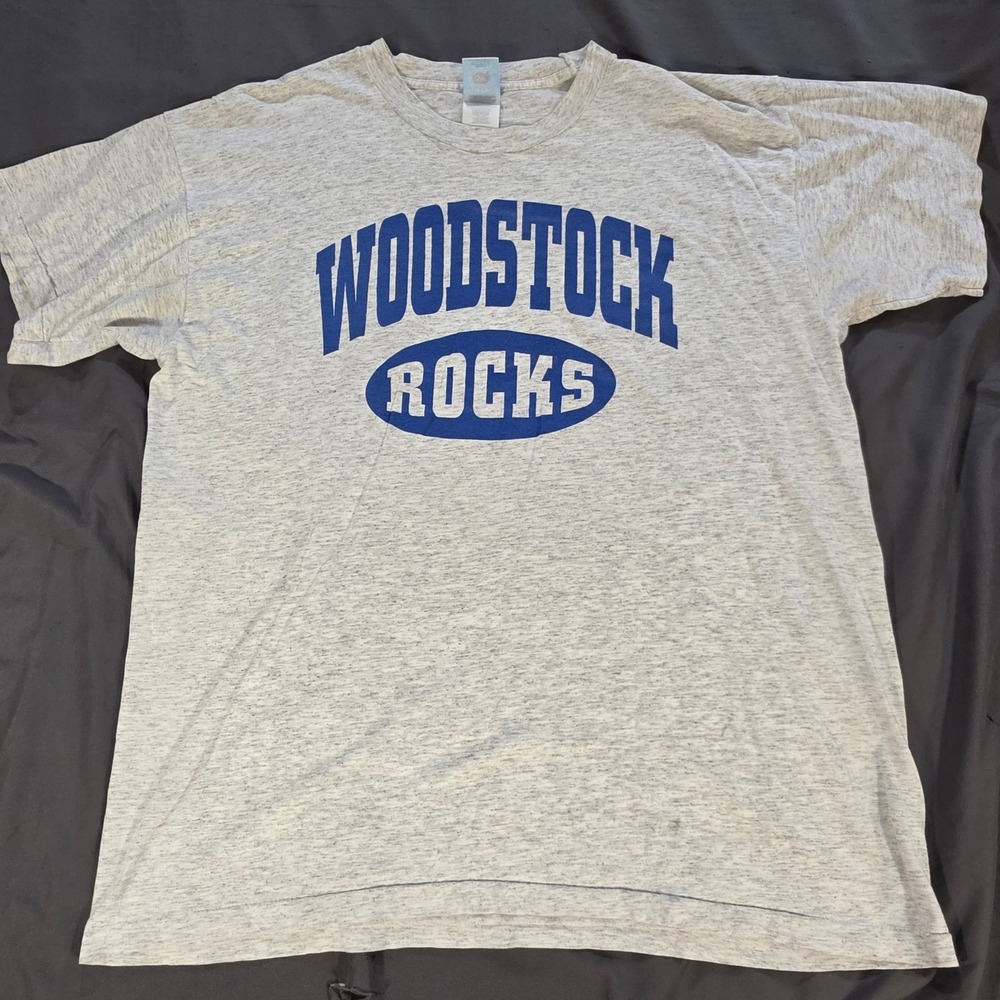 Vintage 90s Woodstock Rocks T-Shirt XL Gray Blue Graphic Tee Fruit of the Loom